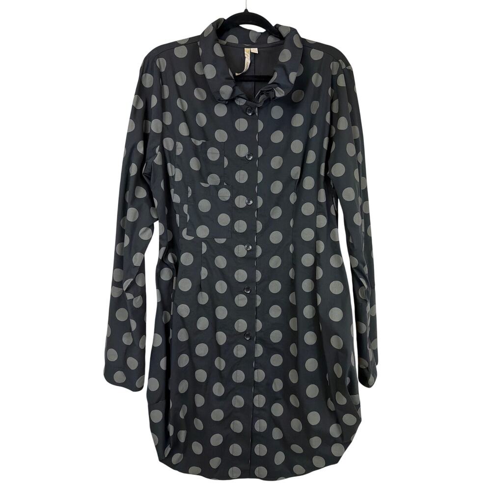 Comfy USA Black Grey Polka Dot Long Button Up Tunic Top XL